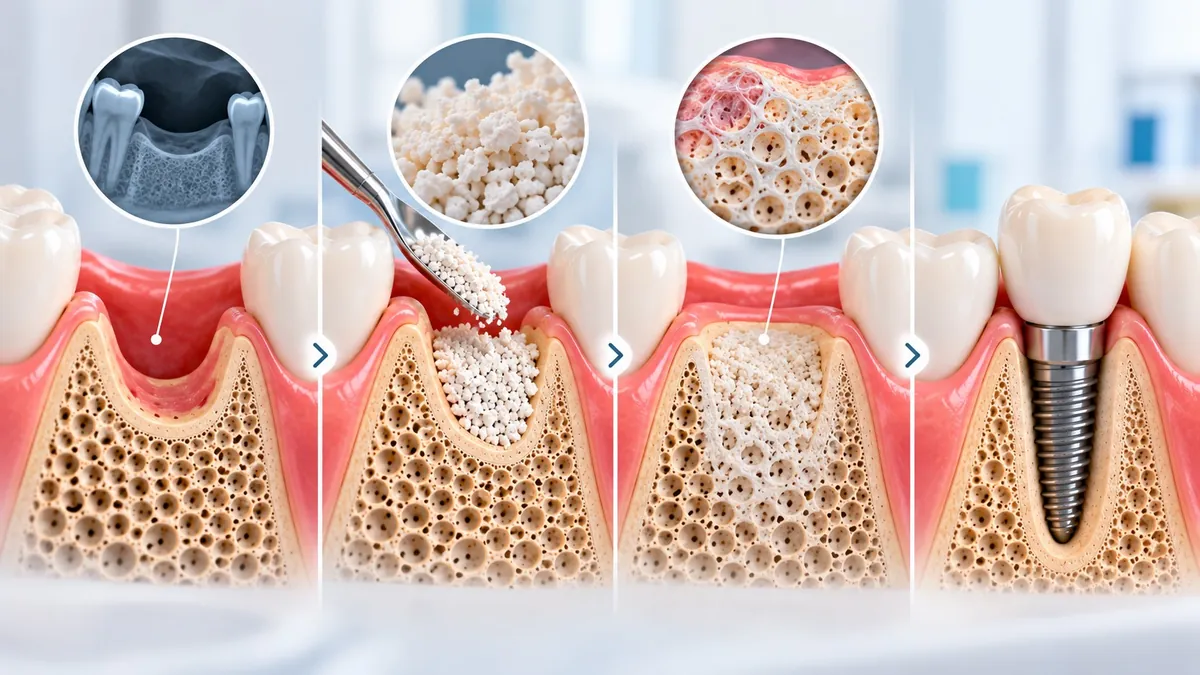 Dental bone graft stages: bone loss, graft placement, healing and dental implant