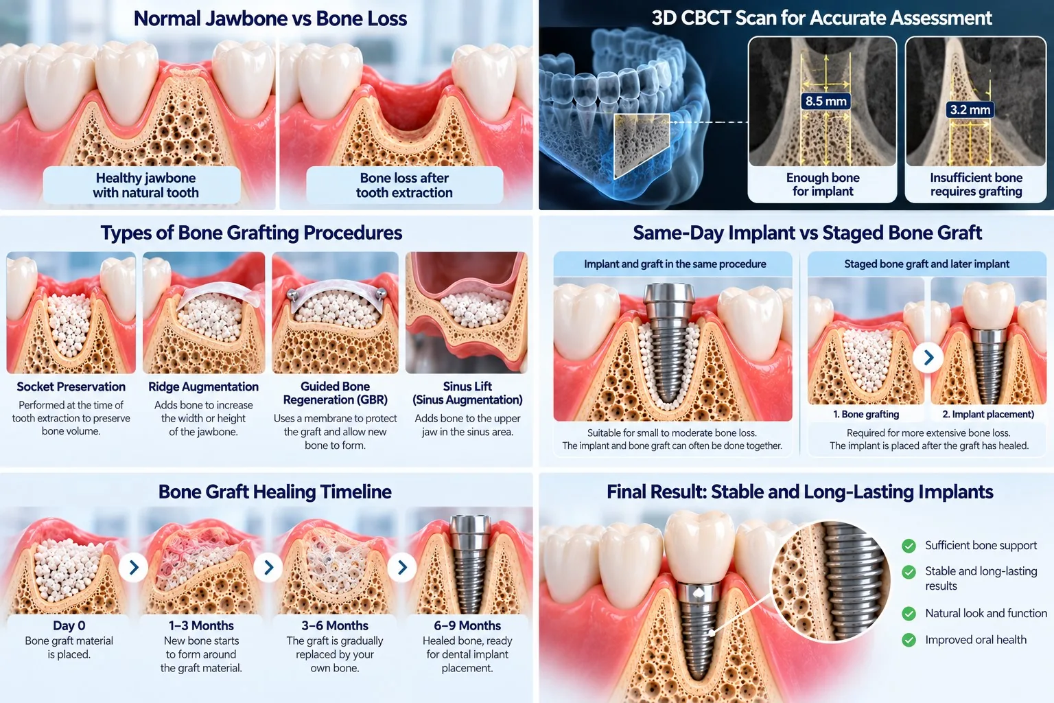Bone graft for dental implants: bone loss, CBCT assessment, grafting procedures, healing timeline and final implant result