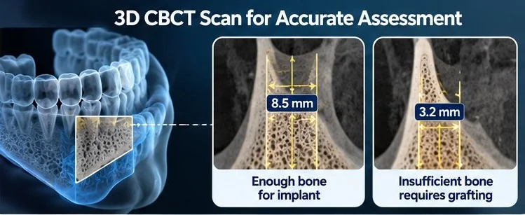 3D CBCT scan showing enough bone for an implant vs insufficient bone that requires grafting