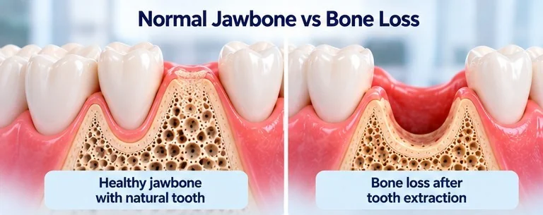 Normal jawbone vs bone loss after tooth extraction