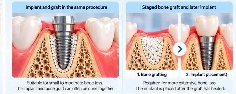 Same-day implant and bone graft vs staged bone graft and later implant
