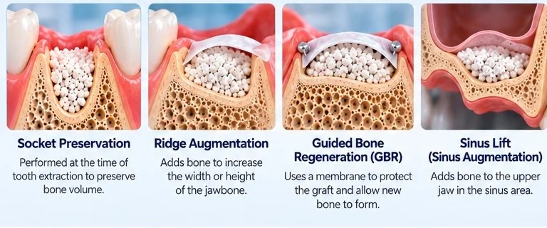 Types of bone grafting procedures: socket preservation, ridge augmentation, guided bone regeneration and sinus lift